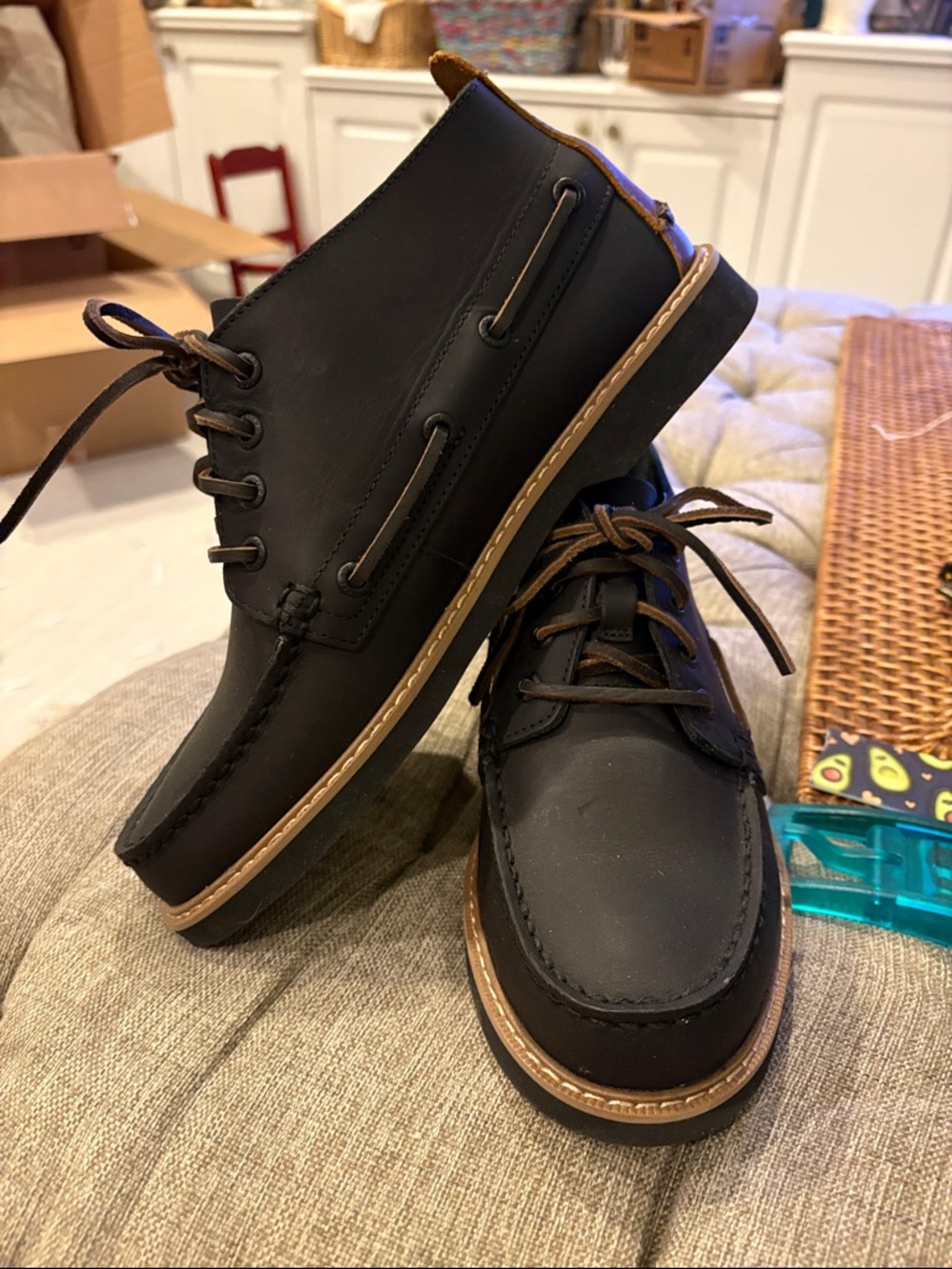 Sperry Brown/Black Leather Chukka Boat Boots with Brown Trim. Original.